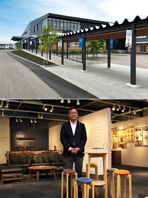 スタイリッシュな外観が目を引くデザインセンターで、旭川家具の魅力を発信する杉本啓維さん