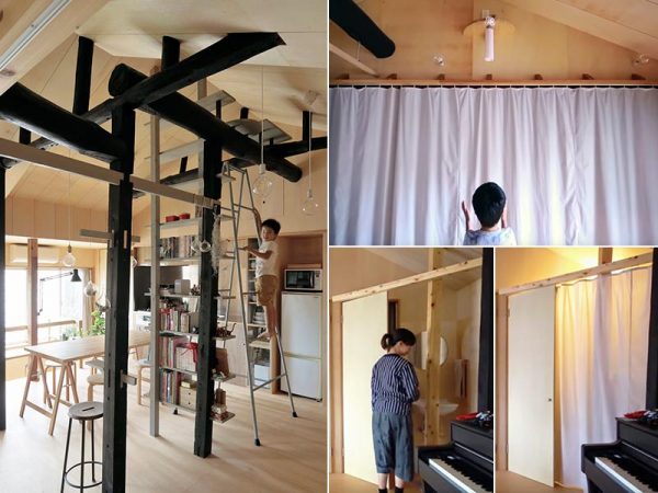 （左）2階住居。柱や梁を収納に活用し、置きっ放しの脚立で高いところにある物を出し入れする（撮影：鳥村鋼一）（右上）カーテンの上にある、白い房の下がった丸い板は「神棚」。神社でいただいたお札を祀っている（右下2点）「脱衣室は一時的にしか使わない場所だから、常時スペースを割くのはもったいない」と岸上さん。浴室と洗面台の前にドアとカーテンレールを設け、必要なときだけ目隠しできるようにした（写真提供：SPACESPACE）
