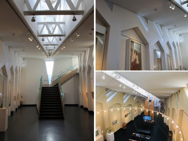 美術館は２つの展示室に分かれ、過去と現在を表現。どちらも壁のフォルムは曲線だったりエッジが効いていたりと左官仕事としては難しいもの。しっかりと美しく塗られ職人技が光る