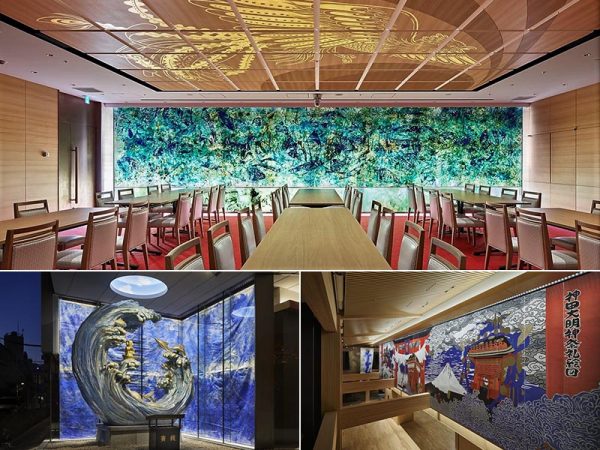 館内を彩る現代アートの数々。（上）松井守男「光の森」（下左）宮田亮平「えびす様」、松井守男「blue・bleu・ブルー」（下右）斉藤上太郎「神田大明神祭礼絵図／西陣織」（©ナカサ＆パートナーズ河野政人）