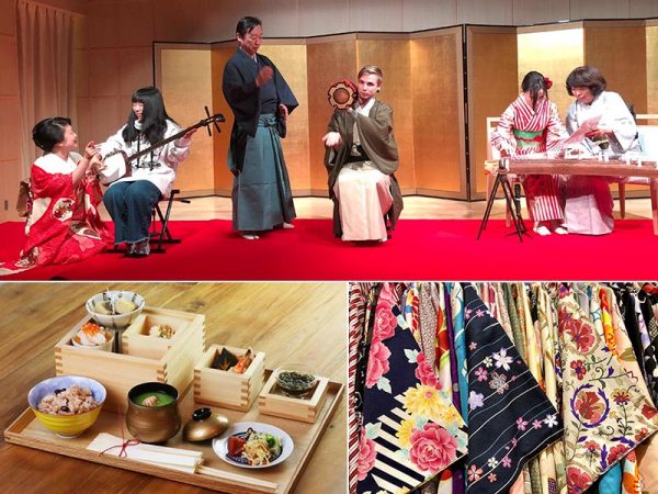 EDOCCOで日本文化を体験。（上）琴や鼓、三味線の演奏　（下左）神田明神EDOCCO CAFE-MASU MASU-特製「益々繁昌御膳」　
（下右）着物のレンタルや着付けのサービスもある