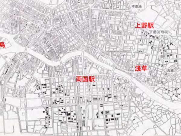 震災前の不良住宅分布
資料：大月敏男『集合住宅における経年的住環境運営に関する研究』（1995）に三浦が赤字で主要な地名を配置した。
