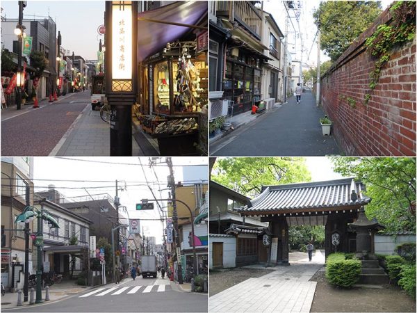 品川宿で見られる、個人的に大好きな景観を並べた。左上から時計周りに、昔の雰囲気を残した街道ならではの商売、履物屋さん、路地には煉瓦塀。もちろん、寺社も多い。ところどころには洋風建築も