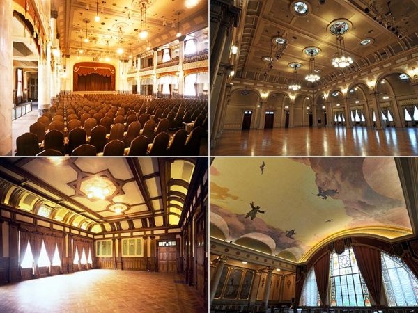 （左上）大集会室は創建当初から繰り返し改変が加えられていた。平成の改修の前には天井も原型を留めていなかったが、天井板を剥がしたところ、中からかつての折り上げ天井の一部が現れたという。（右上）教会のようなアーチの回廊を持つ、華麗な中集会室。（左下）中集会室に隣接する小集会室。果物をモチーフにした愛らしいステンドグラスや、花の刺繍を施した柳色のタペストリーで飾られている。（右下）天井に「天地開闢」の場面が描かれた格調高い特別室。かつて貴賓室として用いられた。部屋そのものがひとつの芸術品のようだ（写真提供：大阪市中央公会堂）