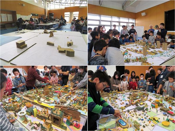左上から時計回りに模型が刻々と完成していく様子。なかなか本気を出さないこどもたちをやきもきしながら見守った取材だった