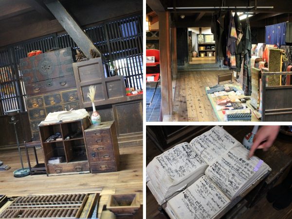 入り口の番頭席の後ろの箱階段（左）。番頭席の隣には当時を再現し反物や呉服を展示している（右上）。本物の大福帳には、「松崎銀行」の文字がみえる（右下）
