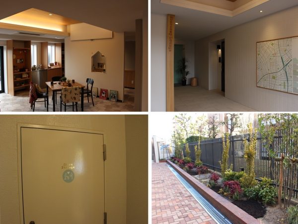 ＜写真左上＞居住者の交流場となるシェアリビング。映画やスポーツ観戦などを楽しめるスクリーンも設置されている。日々の利用のほか、予約制で貸し切りもできる予定＜写真右上＞シェアマップラウンジと名付けられたスペースには、予定を書き込めるカレンダーと、マンション周辺の地図が描かれた掲示板を設置＜写真左下＞住民共用の倉庫、シェアストレージもある。エレベーターがないため、2・3階の住民はベビーカーなどをここにしまうこともできる＜写真右下＞マンション北側の通路。居住者が植栽できるスペースが空けられている