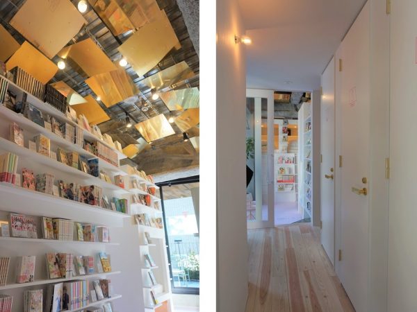 左：天井が特徴的で薄い真鍮のパネルを様々な角度になるようにしている／右：トイレやシャワー、洗面等の水回りは床が一段高くなっていて木を使用。ドミトリーは床がピンクに塗ったコンクリートだ