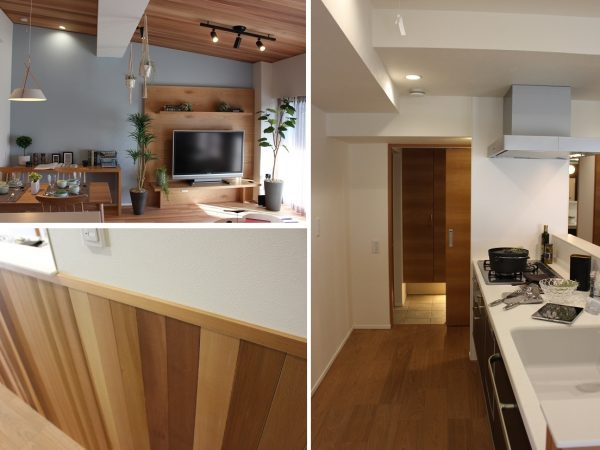 ＜写真左上＞3階の一部屋。最上階ということで、もともとはフラットな天井だったのを勾配天井に変更し、広さを出した＜写真左下＞経年変化を楽しめるシダーウッドを取り付けた壁＜写真右＞リノベーション前は独立型だったが、近年の人気から対面キッチンに