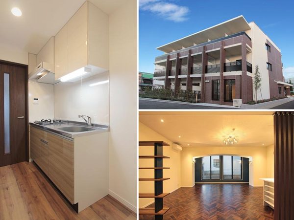 2019年1月末から入居開始の「サクラグラース」。左）キッチンスペース。楽器は湿気を嫌うので、キッチンと居室はひとつづきにせず、ドアで区切って別々にしている。右上は外観、右下は入居者の交流スペースとなるサロン（1階）