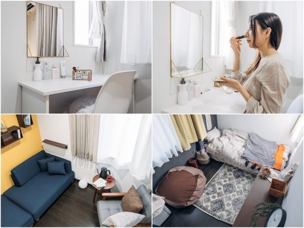 左上から時計回りに「Beauty」2点、「Morning」「Book Cafe」。メイクを考慮した採光の確保、</br>ぬくもりのある空間提案、おしゃれなケトルなど人気のアイテムの用意も入居者を惹きつける工夫だ