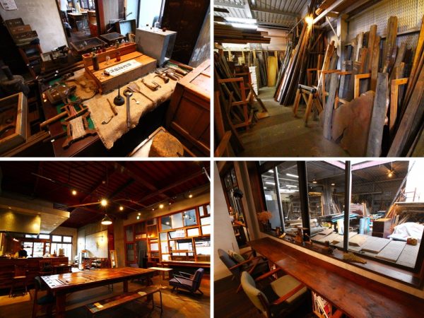 リビセンで販売されている古道具（左上）。解体現場から引き取った古材も所狭しと並んでいる（右上）。ただのリサイクルショップではなく新たな文化の発信地でありたいという思いから、人が気軽に立ち寄れるようカフェも併設している（左下）。カフェの席からは古材売り場が見えるようになっている（右下）。