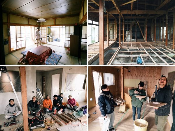 リノベーション前はいかにも昭和の家という雰囲気だった（左上）。解体途中の状態。このあと根太も外壁も解体してスケルトンに（右上）。工務店などプロの力も借りつつ、東野さん自身をはじめリビセンのスタッフや、サポーターとして手伝いを志願する人たちの手で作り上げた（下段）。（写真提供：ReBuilding Center JAPAN）