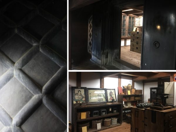 部屋続きにある土蔵の入り口は扉の厚みにおもわずたじろぐ。右上部分佐藤さんが黒漆喰を磨いた箇所が光っているのが分かるだろうか（右上）。土蔵の中には当時をしのぶ家財道具などが展示されている（右下）。通常のなまこ壁は瓦のつなぎ目に白い漆喰を使うが、この土蔵では黒漆喰が使われている（左）
