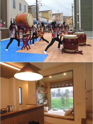 お披露目での太鼓イベント。その奥ではマルシェも開かれていた。下は説明を聞いたモデルルームの室内。川の近くに住むのも良いなあと思った