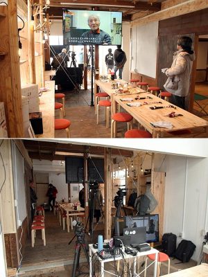 テーブルやカウンターの置かれた、1階の共用部（上）。そこに続く、明るい雰囲気の配信スタジオ（下）