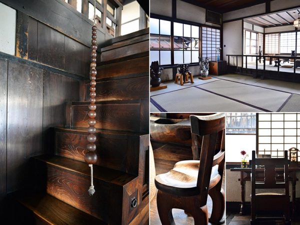 左：階段の手すり　右上：寛次郎作品が並ぶ2階の座敷　右下：寛次郎の書斎　中下：寛次郎デザインのイス。曲線がやさしい
