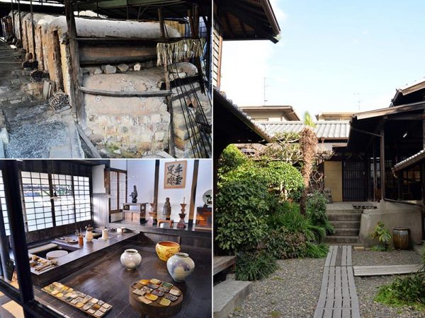 左上：登り窯。記念館の奥にある　左下：ろくろがある工房　右：中庭から窯や工房を見る