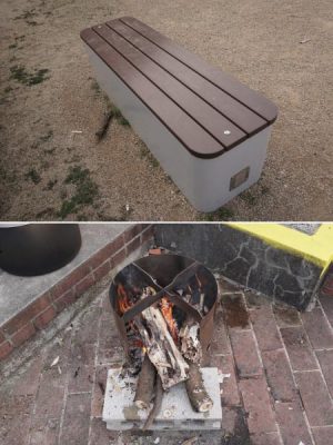 かまどベンチ（上）、ベンチの中に入っているかまど（下）