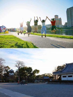 上／音楽フェス「OKAZAKI SUMMER TRIBE」を開催した、岡崎市の中心地を流れる乙川の河川敷。photo by Hideo Watanabe　下／「ほしおと！」を開催する岡崎公園。徳川家康公の生まれた岡崎城のある一番の観光名所。