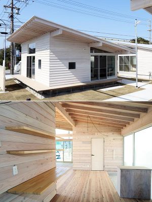 【写真上】家の周囲をL字に囲む縁側は、「建物、人、それぞれの境界をゆるやかにつなぐ役割を担っているのだと思います」と間瀬さん。芝生の共有庭は小さな公園のような役割となり、ご近所どうしの交流もここから生まれているのだという。<br>【写真下】杉で統一された明るい雰囲気の室内