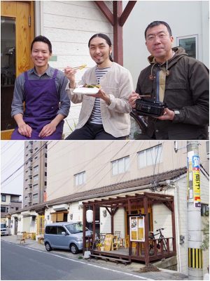 [写真上]寺元さんと、3軒隣のNIYOL COFFEEの越智さん(中)、オーナーの渡辺さん。毎日お弁当を買ってくれて「何か困ったことがあったらいつでも言って」と声をかけてくれるという。[下]建物は築年数の経つ長屋で、1区画に1階約5坪と地下5坪という造り。parkの地下は現在倉庫にしているが、売上が上がればイートインスペースを作りたいと考えているそう