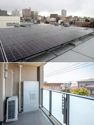 【写真上】屋上に設置された太陽光パネル。一年間の太陽高度を踏まえて発電量を計算。少ない面積で12戸分の電力を賄うため、あえて傾斜をつけずに設置されている。ちなみにパネルは各戸の専有とし、12戸それぞれに計算され割り当てられているそう<br>【写真下】各戸のバルコニーに設置された燃料電池「エネファーム」（写真提供：積水ハウス）