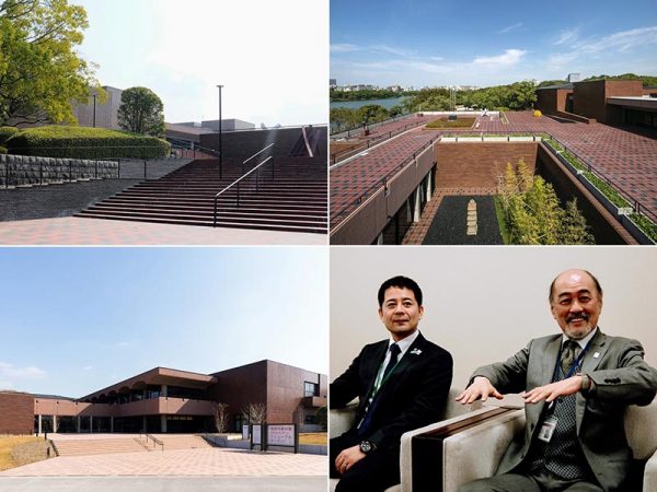 左上／美術館の北口に当たる「エスプラナード」の入り口。建物のエントランスが見えず、やや入りにくい印象があった　右上／「エスプラナード」の2階広場。ここまで上がると公園の景観が開ける（撮影：㈱エスエス上田新一郎）　左下／美術館の西側に設けた新しいアプローチ。リニューアル前はこの位置に日本庭園の築山や植え込みがあったため、建物が隠れてしまっていた（撮影：山中慎太郎（Qsyum!））　右下／副館長の中山喜一朗さん（右）と福岡市のリニューアル事業課主査の原久生さん