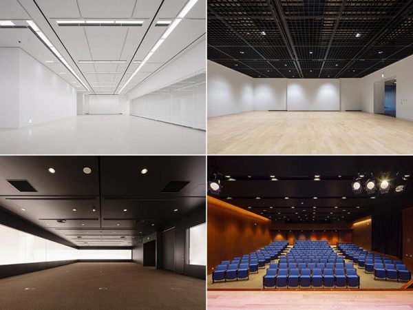 左上／企画展や美術団体展を行う特別展示室。リニューアル前は茶系の床だった　右上／近現代美術のコレクション展示室はＡＢＣの3タイプあり、写真はスタジオ風の近現代美術室Ｂ　左下／古美術の企画展示室は落ち着いた色合いの空間に。色調が変えられるＬＥＤ照明を採用し、展示に合わせた環境がつくれるようにした　右下／舞台と客席の距離が近いミュージアムホール</br>（撮影：㈱エスエス上田新一郎）