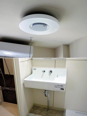 上／天井には消臭効果のある塗装を施した。丸いシーリングライトはインターネットにつながるIoT機能付き　下／洗面台の下に猫用のトイレが置けるスペースを確保