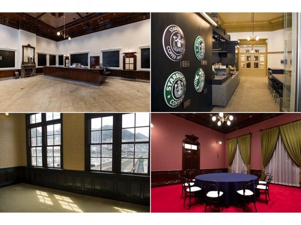 左上／旧一二等待合室。マントルピースが据えられ、壁には黒漆喰を石膏で縁取った装飾が施されている。現在はみどりの窓口になっている　右上／旧三等待合室には「スターバックスコーヒー 門司港駅店」がオープン　左下／旧次室。貴賓に付き添ってきた人の待合室だった。ここの壁紙は、北九州市在住の人が所持していた当時の「みかど食堂」従業員の記念写真に写っていた柄を参考に再現した　右下／旧貴賓室。華やかな壁紙も地元の人の協力で復原に漕ぎ着けた。古い絵葉書に写っていたトーネット社の曲げ木椅子を入れ、「みかど食堂 by NARISAWA」の個室に使う（左上と右下の写真提供：ＪＲ九州　右上と左下の写真提供：宇都宮照信）