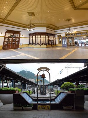 上／現在の門司港駅コンコース。木造2階建ての1階とは思えない、無柱の大空間は1階天井に入れた大きな鉄骨梁で支えられている　下／門司港駅ホーム。九州の鉄道の起点なので「頭端式」と呼ばれる行き止まりの線路になっている。ホームの屋根や駅名標もレトロな味わいが漂う（写真提供：ＪＲ九州）