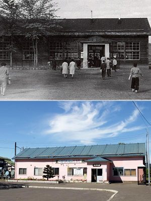 昭和35年ごろの比布駅（上）と、特産のイチゴをイメージしてピンクに塗られた先代の比布駅（下）