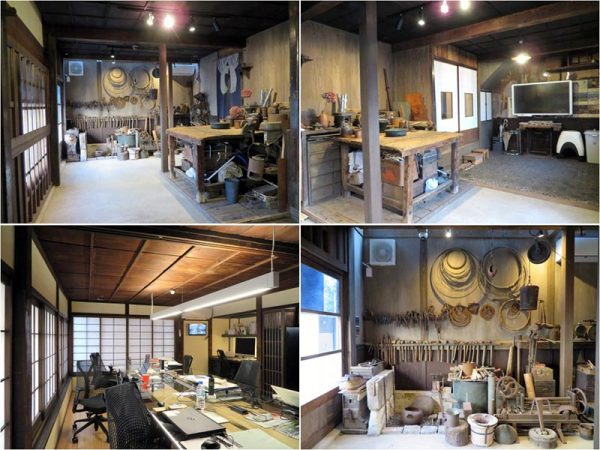 左上から時計回りにかつての作業場、以前は洋品店だったスペース、壁にある様々な道具はそのままに飾られている、２階のオフィススペース