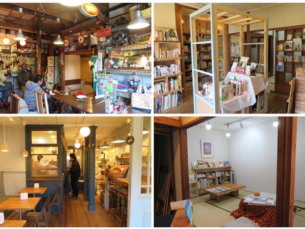 左上から時計回りにレトロサイクル＆カフェ店内、せんぱくBookbase店内、その畳スペース、星子スコーンの店内