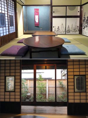 1階の和室。床の間には季節に合わせた軸が掛けられ、庭も望める。リラックスした打ち合わせができそう