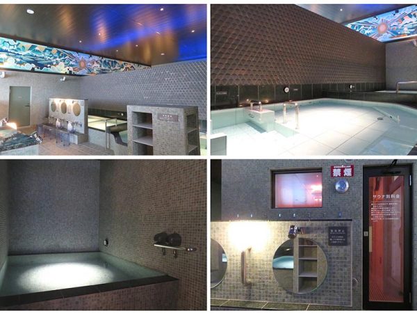 浴室内。銭湯絵といい、ブルーライトや椅子などの小物類までいちいちかっこいい