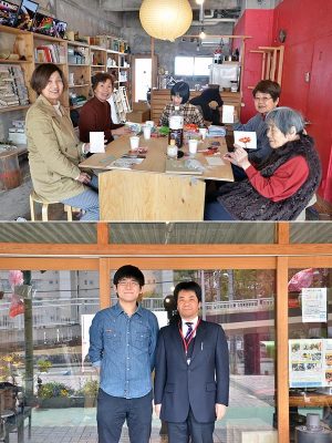 （上）取材に訪れた日、「だんだんテラス」には「はがき絵サークル」のメンバーが集合。お菓子とお茶を楽しみながら、思い思いに作品制作を楽しんでいた　（下）UR都市機構西日本支社京奈エリア経営部主幹の山本俊夫さん（右）と、関西大学大学院の学生・東浦隆介さん