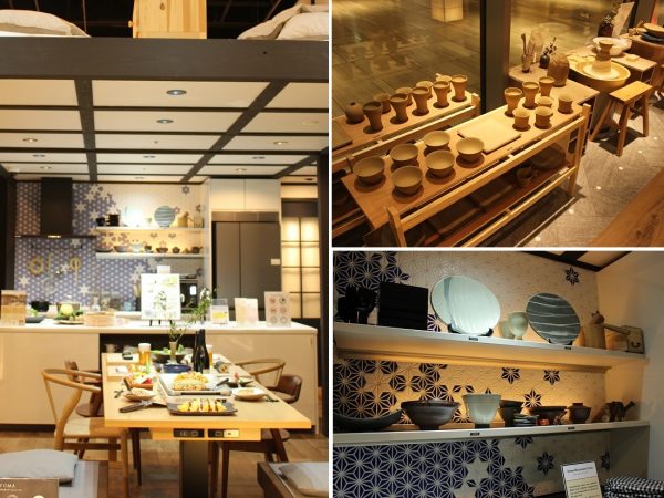 左/オープンキッチンにしたLDKは、“妻”の夢である料理教室ができる料理スタジオになるイメージ。右上/“夫”の夢の実現例として陶芸アトリエを設けた。右下/陶芸作品を並べたキッチンのオープンシェルフ。ギャラリーのようでもあり、民泊ゲストには和の盛り付けで食事を楽しんでもらうという提案も