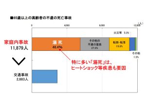 65歳以上の不慮の死亡事故としては、家庭内事故が交通事故より多い。内訳を見ると、ヒートショックが原因となっての溺死なども含まれている（出典：2017年人口動態調査）