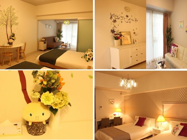 ＜写真左上・左下＞住友林業グループのオリジナルキャラクター「きこりん」をモチーフにした202号室</BR>＜写真右上・右下＞女性好みの設えになった401号室。家具や絵画なども部屋ごとにスタイルががらりと変わる
