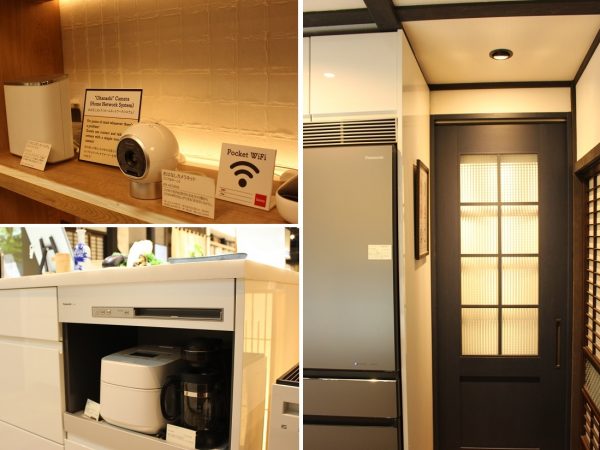 左上/民泊のゲストと連絡をとる手段に活用できる「おはなしカメラ」。左下/パナソニックの家電製品が随所に。パナソニックセンター大阪の地下1階は、キッチン、バス・洗面・トイレ、内装など、住まいの最新設備のショールームとなっている。右/室内ドアもパナソニックの製品。こちらは「クラフトレーベル」というシリーズで、セルフペイントで自分好みに仕上げられる