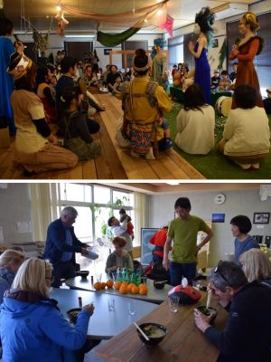 上：子どものためのイベントを開催して好評だった／下：スイス人ツアー客が、製麺所探訪の後でフウドに立ち寄りうどんをすすった