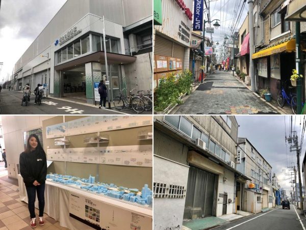 （左上）新たに開業した城北公園通駅。（右上）城北公園通駅の近くの都島区・蕪村通り商店街。（左下）開業日、城北公園通駅の構内で新駅付近の模型が展示された。地元の専門学校生による卒業制作だ。（右下）おおさか東線南区間の高井田中央駅周辺には町工場が集積する