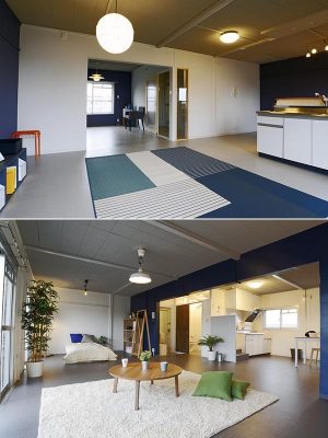 （上）“空と暮らす住まい”。真ん中にあった間仕切りを取り払うことで窓が一直線につながり、風が通るようになった　（下）可動式の壁や本棚を設置することで、空間を仕切ることもできる。それも“自分でつくっていく住まい”の楽しさだ