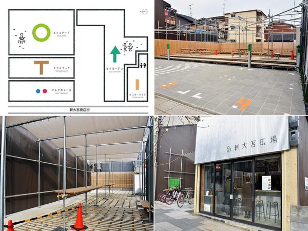 左上／「新大宮広場」の俯瞰図 　右上／マルチガレージ。昼はフードカーや移動販売車が利用し、夜間は一般のタイムパーキングとして機能　左下／サブガーデン。飲食スペースとしても自由に使える　右下／飲食店業および菓子製造業の許可も取られているセンターハウス