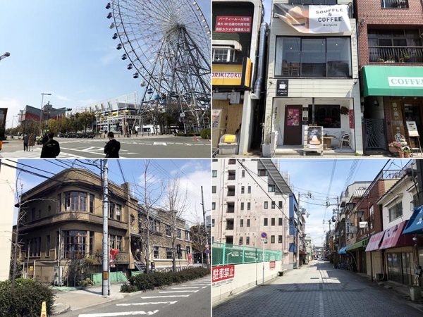左上／観光客で賑わう天保山エリア　右上／美想空間が営む「Fun Space Cafe天保山店」左下／地域の歴史をしのばせるレトロな「天満屋ビル」。昭和10年の建物で、大阪市都市景観資源にも登録されている。右下／シャッターを閉めたままの商店が目立ち、人通りもまばらな港商店街。美想空間はこのエリアの復権を目指している（画像提供：美想空間）