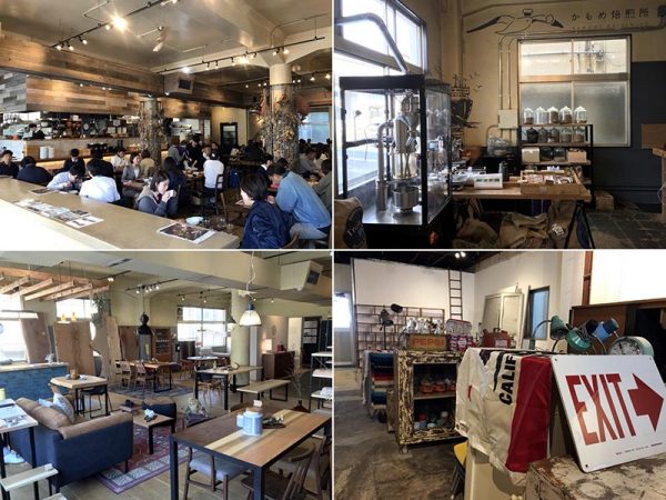 左上／KLASI COLLEGEA棟1階のカフェレストラン「Fun Space Diner」　右上／カフェレストランに隣接する「かもめ焙煎所」。左下／A棟2階には老舗の岡本銘木店と美想空間のコラボブランド「PREGNOSTYLE」や「source」「旭商事」「ANTRY」などの家具・雑貨ショップが並ぶ　右下／C棟1階の「VINTAGE MALL OSAKA」。美想空間の直営店で、各国から集めたヴィンテージ家具・雑貨を独自視点でテーマ・シーンごとに編集し展示販売する。商品レンタルや撮影、スペース貸しも行う</br>（画像提供：美想空間）