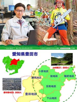上／「平日はトヨタ自動車の社員、休日は間伐のボランティア」。実際の市民を取り上げたこのポスターで『おいでん・さんそんセンター』の取り組みを明確に表現。下／豊田市では人口42万人のうち、40万人が都市部に集中