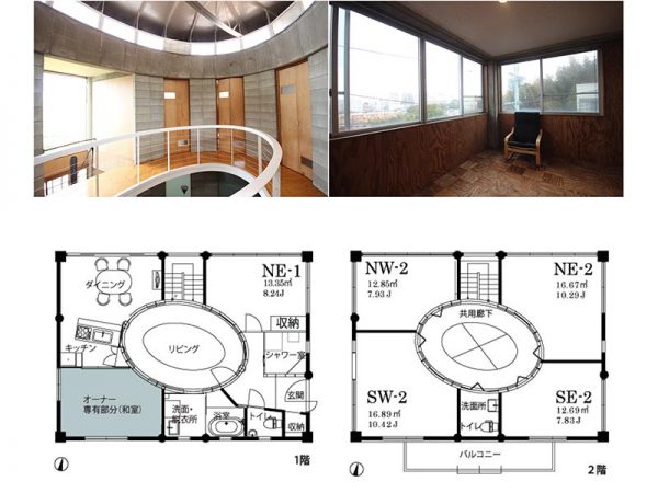 吹き抜けの回りに廊下、それに沿って個室が用意されている。下は間取り図。各室も広く取られていることが分かる
